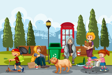 Outdoor scene with homeless people