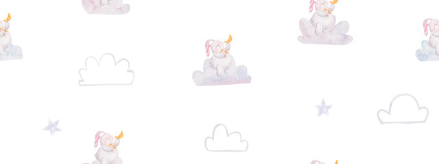 seamless pattern with a rabbit holding stars on a cloud, children's design, wallpaper
