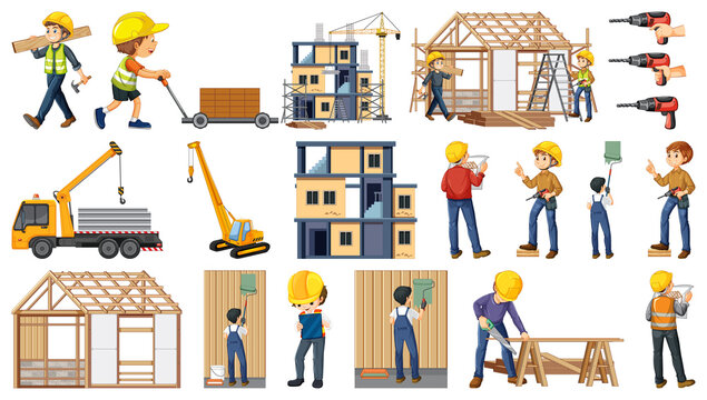 Set of construction site objects and workers