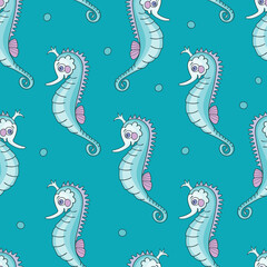 Sea horses on blue background. Nautical seamless pattern with fish. Vector illustration for children
