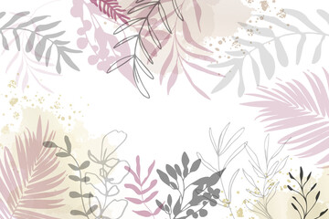 Leaves and ferns background - Hand drawn colorful plants set modern and universal. Flower branch and minimalistic plants. Hand drawn lines, elegant leaves for your own design.