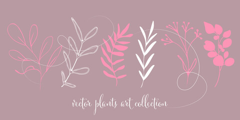 Modern plant set. Hand drawn colorful and universally usable. Flower branch and minimalistic plants. Hand drawn lines, elegant leaves for your own design. Botanical, chic and trendy plants.