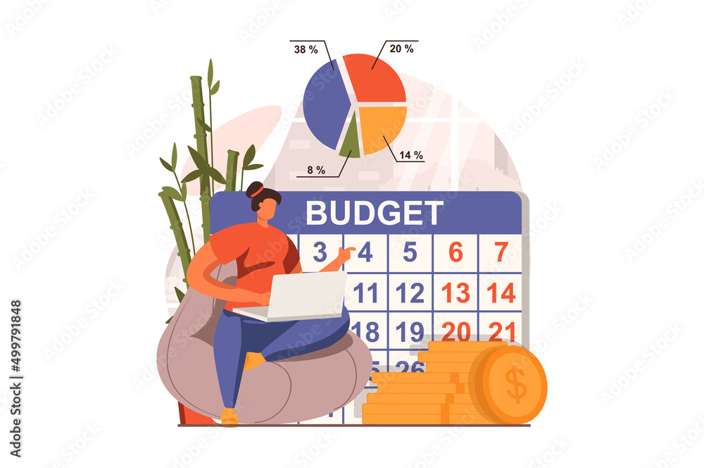 Poster analyzing budget web concept in flat design. woman analyzing financial data on laptop and planning m