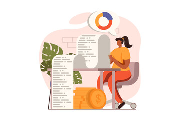 Analyzing budget web concept in flat design. Woman calculate and control money, paying bills or taxes, analyzing financial data. Auditing and finance management. Vector illustration with people scene