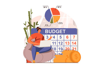 Analyzing budget web concept in flat design. Woman analyzing financial data on laptop and planning month pays with calendar. Auditing and finance management. Vector illustration with people scene