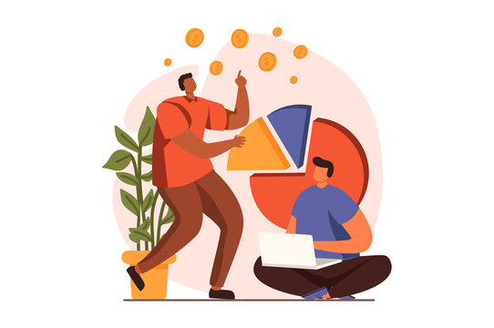 Analyzing budget web concept in flat design. Men discussing and analyzing financial data on diagram and developing strategy. Auditing and finance management. Vector illustration with people scene