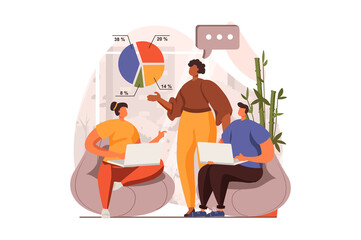 Business meeting web concept in flat design. Men and women discuss tasks and analyze business statistics at office. Colleagues brainstorming at conference. Vector illustration with people scene