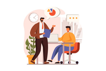 Business meeting web concept in flat design. Manager briefing to employee, discusses tasks and communicates in office. Colleagues brainstorming at conference. Vector illustration with people scene