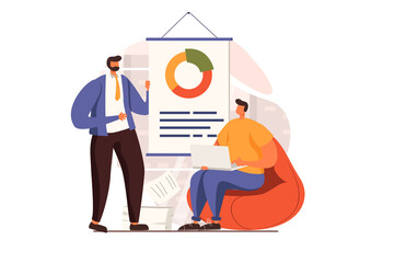 Business process web concept in flat design. Men analyze data and create strategy, working in team on project. Company development, success and leadership. Vector illustration with people scene