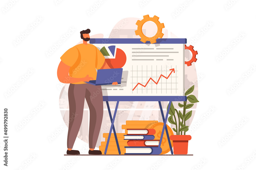 Poster business process web concept in flat design. man making report with financial statistics, speaking a