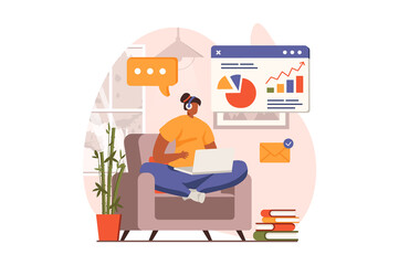 Business process web concept in flat design. Woman works on laptop, makes report, analyzes data and talking online. Company development, success and leadership. Vector illustration with people scene