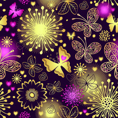 Fototapeta na wymiar Purple seamless pattern with golden butterflies, hearts and flowers. Valentine. Vector eps 10