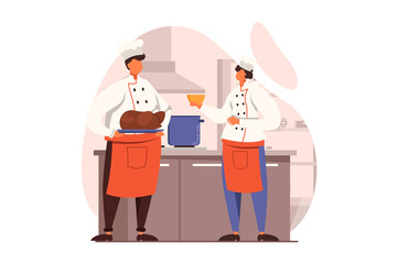 Cooking and restaurant web concept in flat design. Team of chefs prepare meals using fresh ingredients and kitchen utensils. Culinary art and professional staff. Vector illustration with people scene