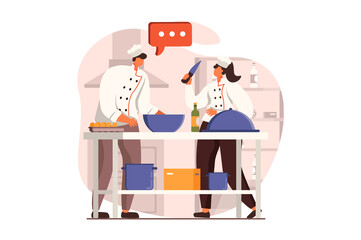 Cooking and restaurant web concept in flat design. Team of chefs prepares delicious dishes, working and talking in kitchen. Culinary art and professional staff. Vector illustration with people scene