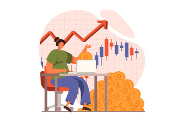 Cryptocurrency mining web concept in flat design. Woman is engaged in bitcoin mining, buys and sells crypto money on exchange, analyzes data and increases income. Vector illustration with people scene