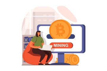 Cryptocurrency mining web concept in flat design. Businesswoman invests money in crypto business, buys and sells bitcoins on exchange and increases her profit. Vector illustration with people scene
