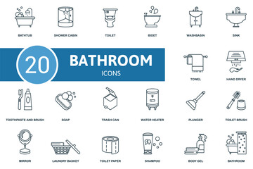 Bathroom set icon. Contains bathroom illustrations such as shower cabin, bidet, sink and more.