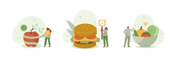 Healthy nutrition illustration set. Characters cooking salad from fresh vegetables and rejecting fast food eating. Balanced vegetarian and vegan diet concept. Vector illustration.