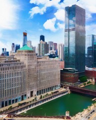 Obraz premium Chicago USA city center skyscrapers and architecture, America travel downtown, drawing in oil wall art print for canvas or paper poster, tourism production design real painting modern artistic artwork
