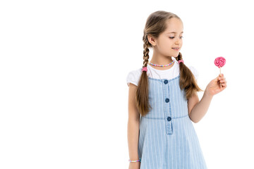 happy girl with braids holding lollipop isolated on white.