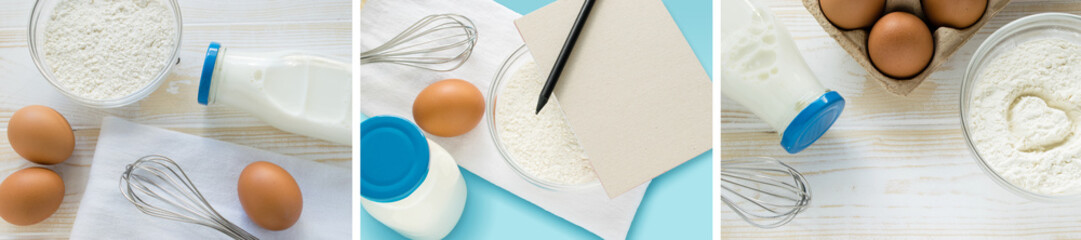 Fototapeta na wymiar baking ingredients flour eggs milk collection.