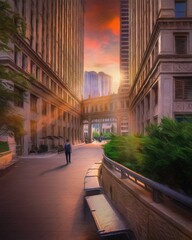 Chicago USA city center skyscrapers and architecture, America travel downtown, drawing in oil wall art print for canvas or paper poster, tourism production design real painting modern artistic artwork