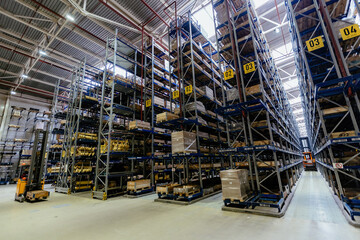 Modern warehouse interior with shelves and boxes
