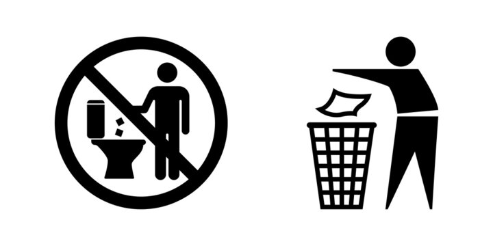 Throw in the trash, Do not throw in the toilet icons. Vector