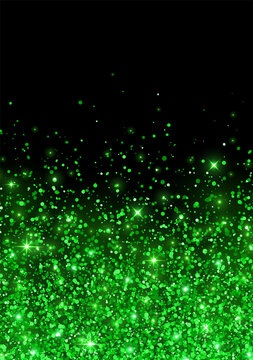 Sparkling scattering of green glitter on black background flyer. Vector
