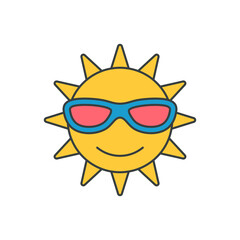 Fashion yellow sun character in sunglasses with beams pop art style t shirt print vector flat