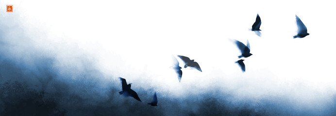 Flock of big birds flying out of the blue mist. Traditional Japanese ink wash painting sumi-e. Translation of hieroglyph - eternity