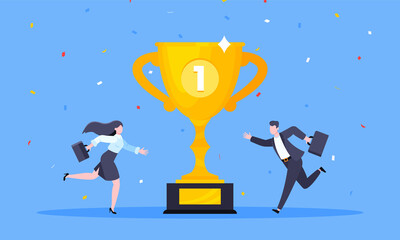 Employee recognition or proud workers of the month business concept flat style design vector illustration. Young adult people run toward the trophy cup.