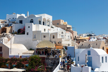 View of the city of Oia on the island of Santorini in the Cyclades archipelago in the Aegean Sea....