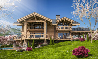 Fototapeta na wymiar 3d rendering of modern cozy chalet with pool and parking for sale or rent. Beautiful forest mountains on background. Fresh spring day with a blooming trees with flowers of sakura on background.