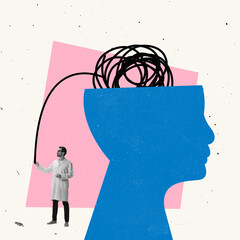 Contemporary art collage. Man, doctor, scientist standing near giant human head, working with...