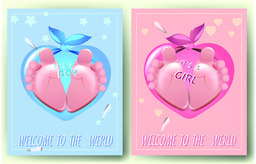 Set of baby shower invitations with baby heels in a heart
 on a blue and pink background.