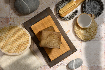 Bar of Aleppo Soap with natural accessories