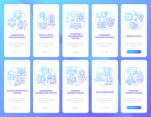 Naklejka premium Information processing blue gradient onboarding mobile app screen set. Walkthrough 5 steps graphic instructions pages with linear concepts. UI, UX, GUI template. Myriad Pro-Bold, Regular fonts used