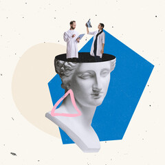 Contemporary art collage. Doctors standing inside antique statue head and looking at scans