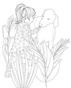 Anti-stress coloring book for adults and children. Little girl with dog and plants. Weimaraner.