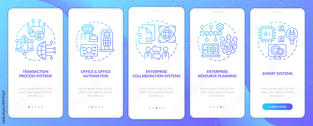 Poster information systems kinds blue gradient onboarding mobile app screen. walkthrough 5 steps graphic in