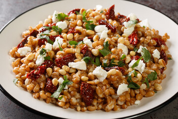 Farro salad with cheese, sun-dried tomatoes, pine nuts and greens close-up in a plate on the table....