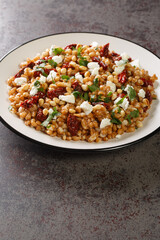 Farro salad with feta, sun-dried tomatoes and pine nuts close-up in a plate on the table. Vertical