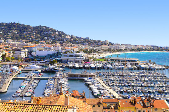 View at the port and the beach of Cannes - France, bird eye view