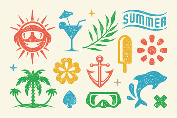 Summer symbols and objects set vector illustration. Triple palm tree on island with flower and old anchor