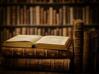 Antique books in dark vintage library - 499795825