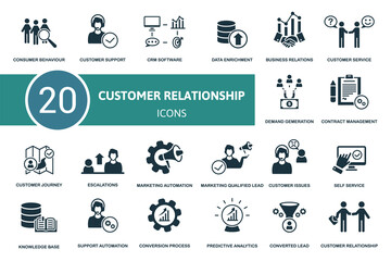 Customer Relationship set icon. Contains customer relationship illustrations such as customer support, data enrichment, customer service and more.