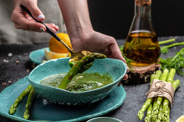 asparagus and spinach and spinach soup. Clean eating, dieting, vegan, vegetarian, healthy food concept. Flat lay. Banner. Top view
