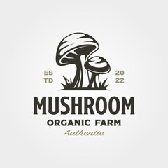 mushroom farm logo vintage vector illustration design, champignon mushroom logo design