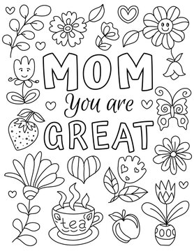 Happy Mother's day! Hand drawn coloring pages for kids and adults. Beautiful drawings with patterns and details. Spring coloring book pictures with blooming branches, flowers, smile, stickers, quotes